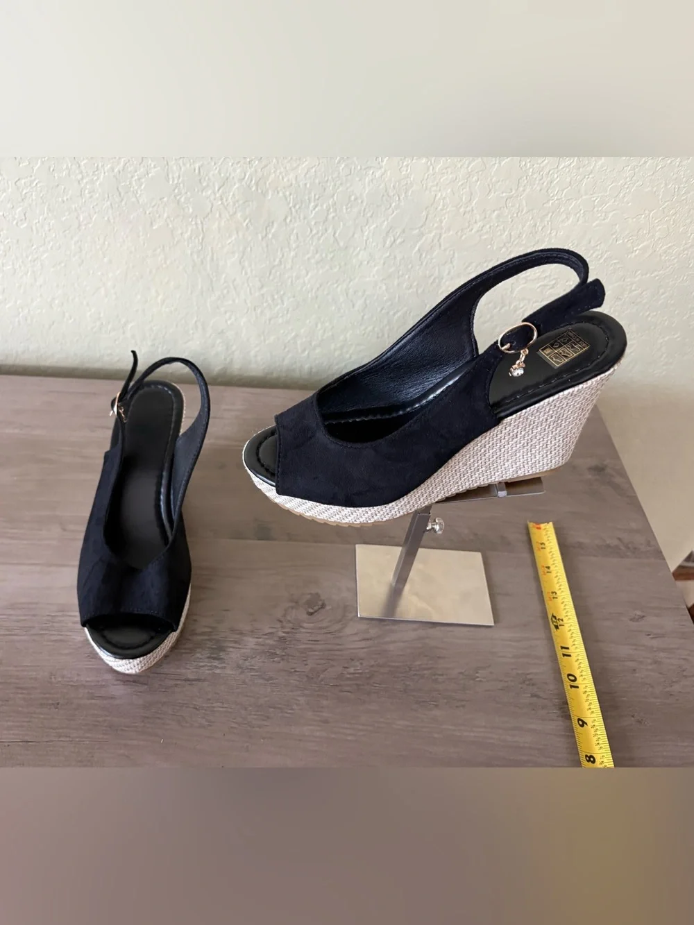 NWOT Black Peep Toe Slingback Wedge Sandals Woven Platform Size 39